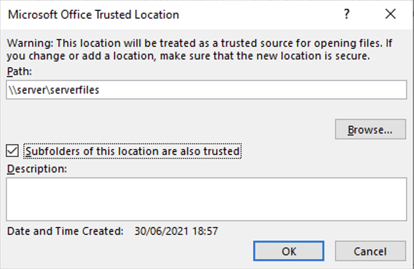 Microsoft 365 - Subfolders of this location are also trusted